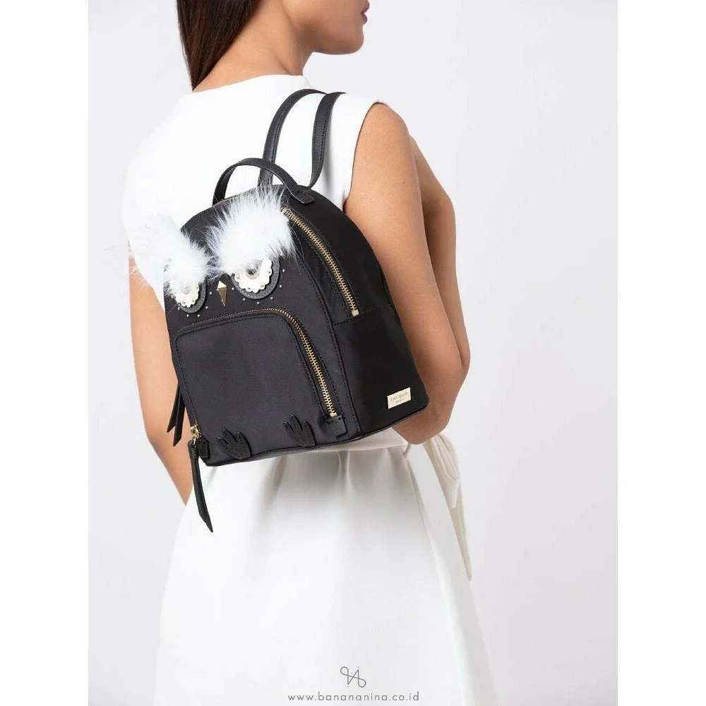 Kate Spade Owl Mini Backpack Novelty Black‎ Nylon Faux Fur Whimsical Animal Bag